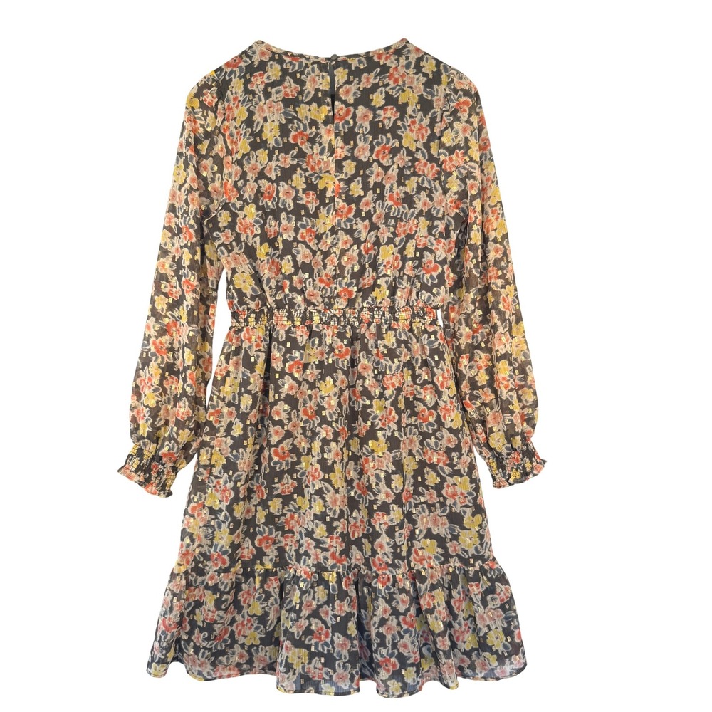 LOFT Womens Small Floral Metallic Gold Foil Dot Long Sleeve Ruffle Flounce Dress - Picture 5 of 10